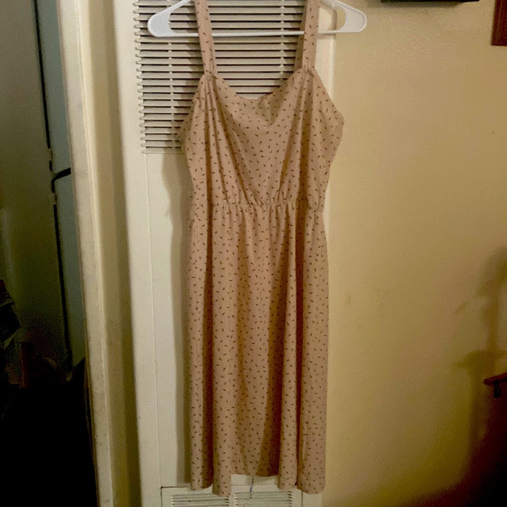 Cute strapless dress, beige with black little tiny birds